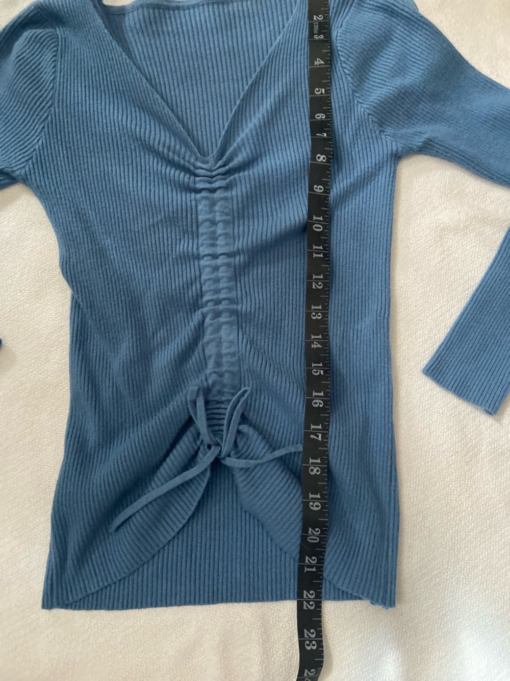 Blue Ribbed V-Neck Ruched Tie-Front Sweater - Picture 2 of 3